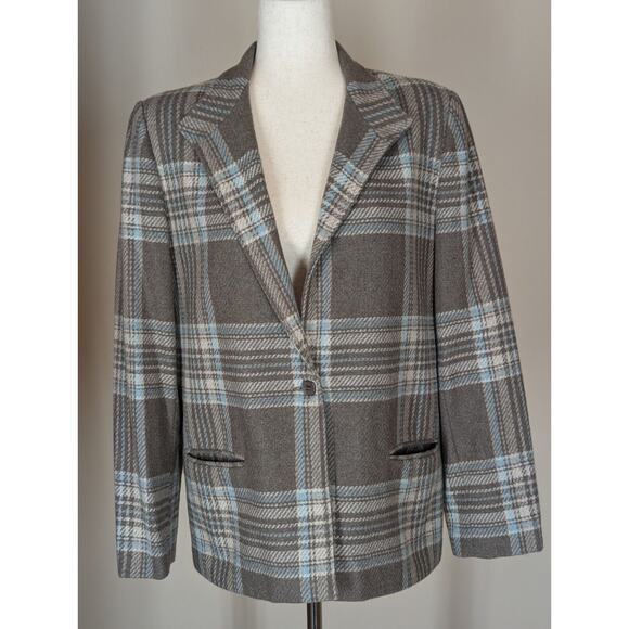 Vintage Tan Jay Women's Blazer Jacket Size 12 Gray Blue Plaid Wool Blend Lined - Picture 1 of 8